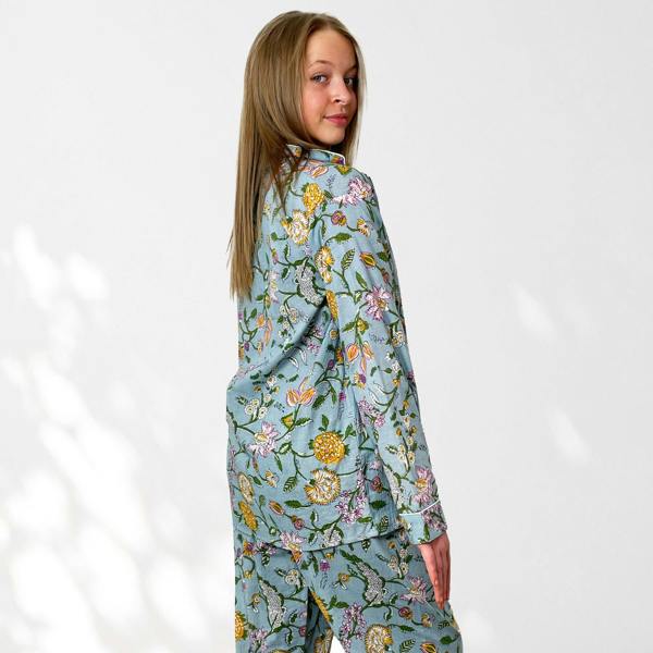 Hayley & Co Pale Blue Block Print Floral 100% Cotton Long Pyjama Set
