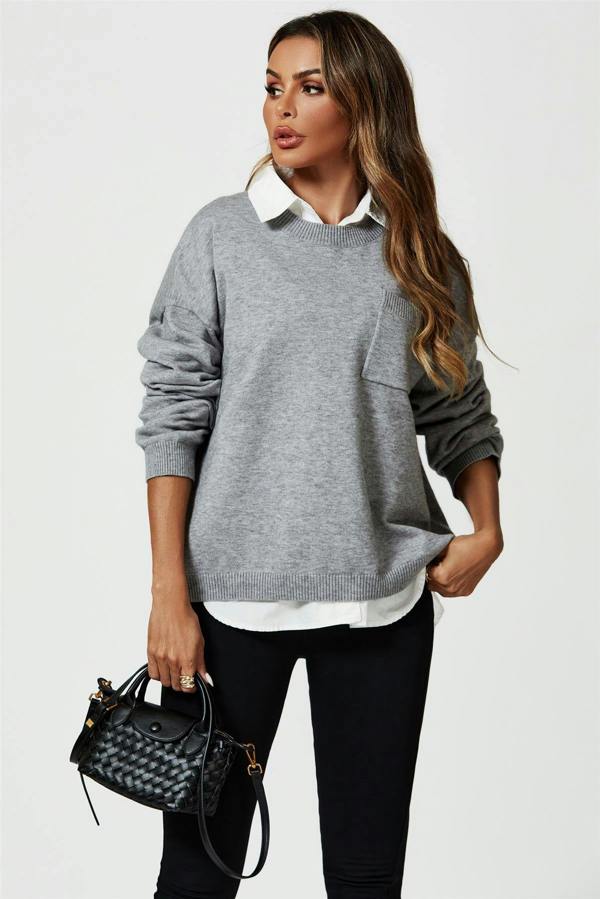 FS Collection Pocket Detail Knitted Jumper In Grey