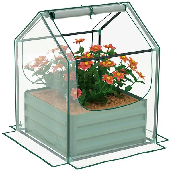 Green 61 x 61 cm planter bed greenhouse with clear cover panels and open front