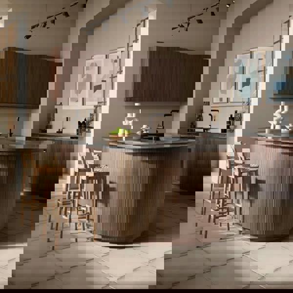 Modern kitchen with wooden island and bar stools