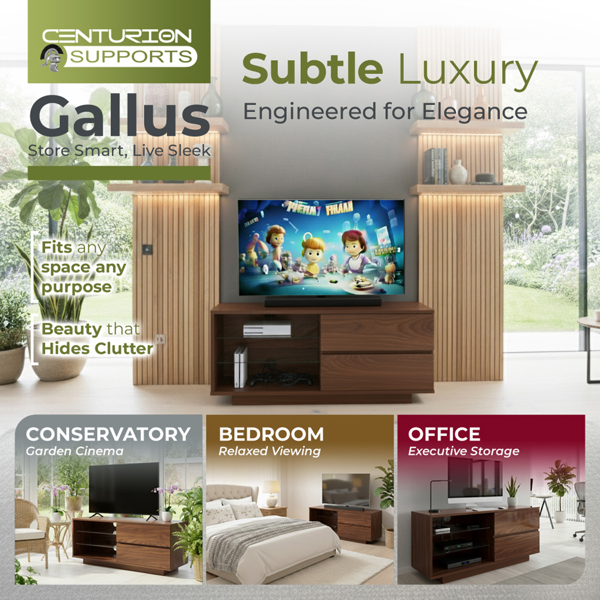 Centurion Supports Gallus Premium Walnut with 2-Walnut Drawers and 3-Shelves 32"-55" LED/OLED/LCD TV Cabinet