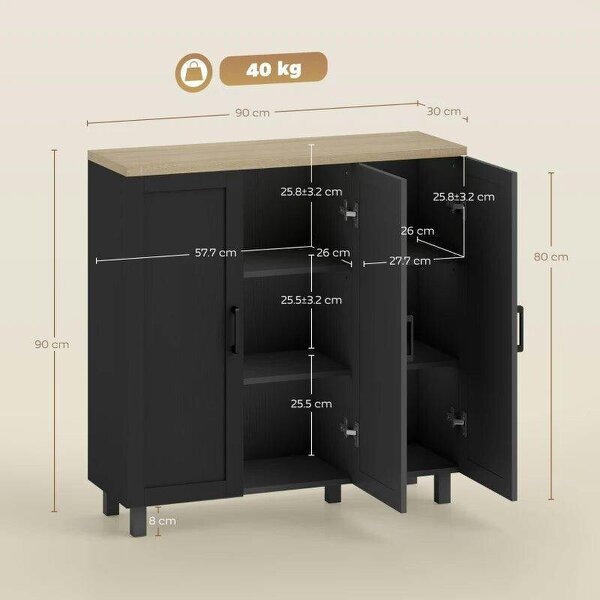 Sideboard Buffet Cabinet, Kitchen Storage Cabinet with 3 Doors and Adjustable Shelves for Living Room, Kitchen, Black
