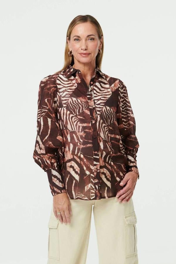 Brown | Animal Print Long Balloon Sleeve Shirt