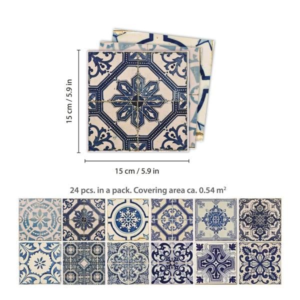 WT1584 - Malaga Spanish Blue Wall Tile Sticker Set - 15 x 15 cm (6 x 6 in) - 24 pcs