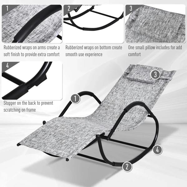 Grey zero gravity rocking lounge chair showing curved arm supports and small attached pillow