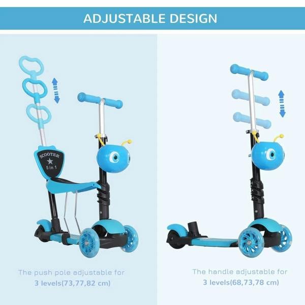 Blue adjustable kids scooter shown in two modes with push handle and front wheels