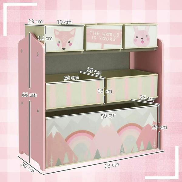 Pink kids storage unit diagram view with six labeled fabric bins and open shelves