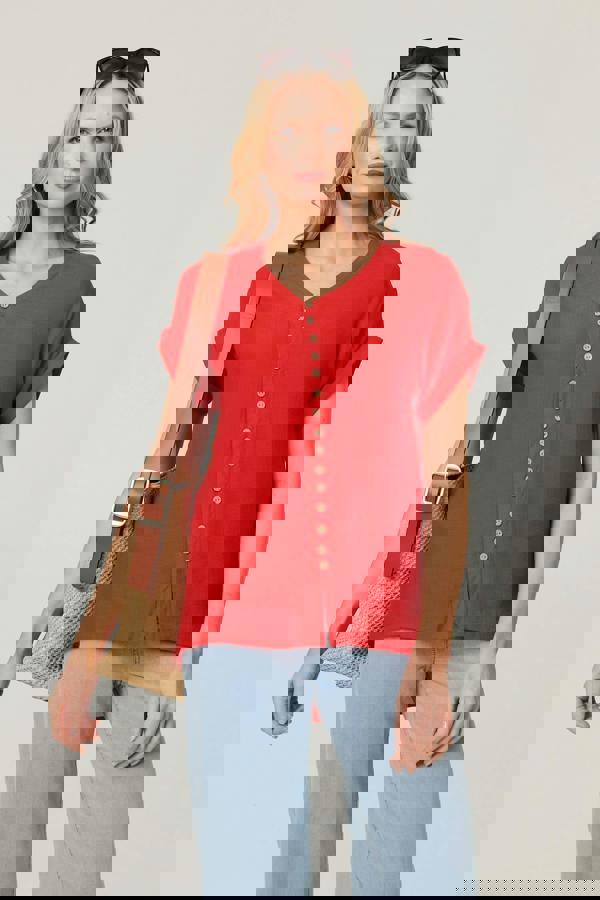 Red | Relaxed Layered Short Sleeve Shirt