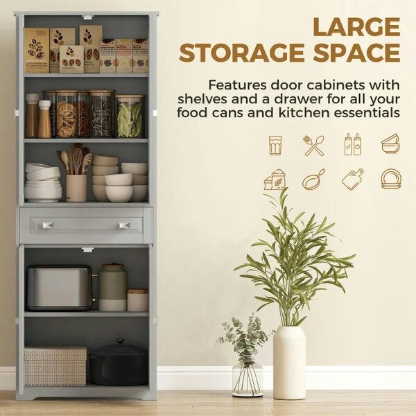 Freestanding Kitchen Cupboard, Storage Cabinet with 2 Adjustable Shelves, Drawer and Glass Door for Living Room, Grey