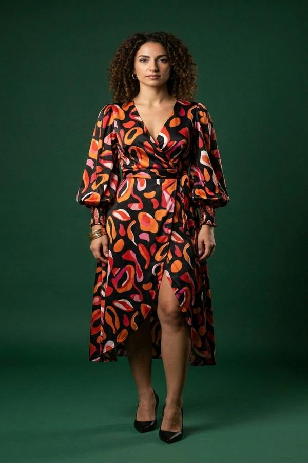 Haniya Wrap Front Printed Midi Dress - Black