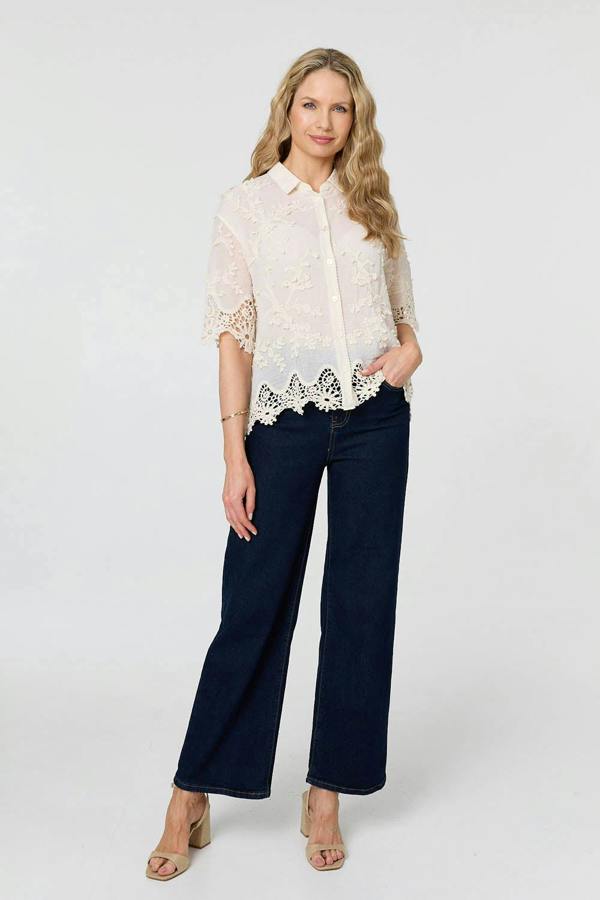 Cream | Floral Lace Texture 1/2 Sleeve Shirt
