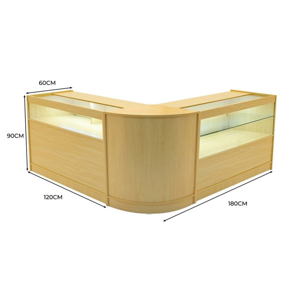 Adonis LED Shop Counter Set in maple finish, featuring a curved design, glass display areas, and integrated LED lighting for visibility