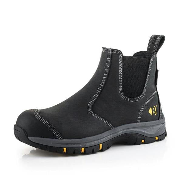 Buckbootz WIZD2 Mens Pull On S7S Dealer Chelsea Safety Ankle Boots, black safety ankle boots with slip-on design, durable construction, and slip-resistant sole.