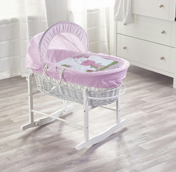 Kinder Valley Tiny Ted Pink White Wicker Moses Basket