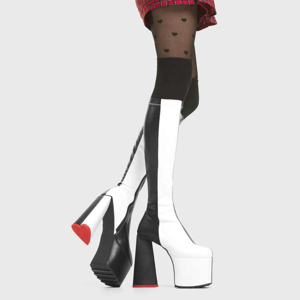 Lamoda Cruella Black & White PU Stretchy Platform Knee High Boots Fashion