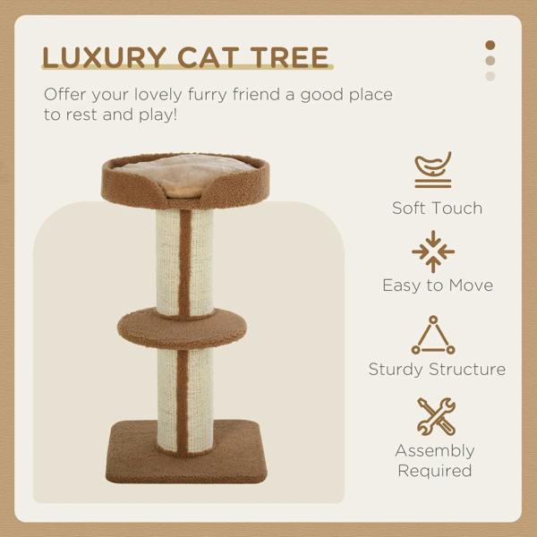 Brown cat tree tower with circular top perch and plush middle and base pads
