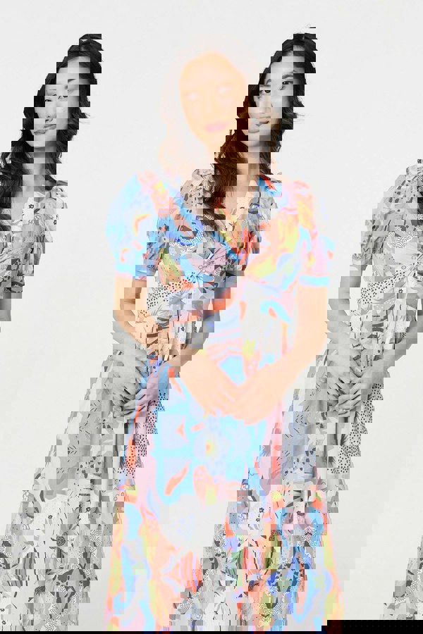 Blue | Abstract Ruched Front Empire Midi Dress
