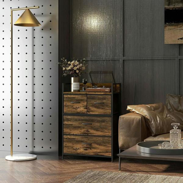 Four-drawer fabric chest with black frame and rustic brown wood-look fronts, simple pull handles