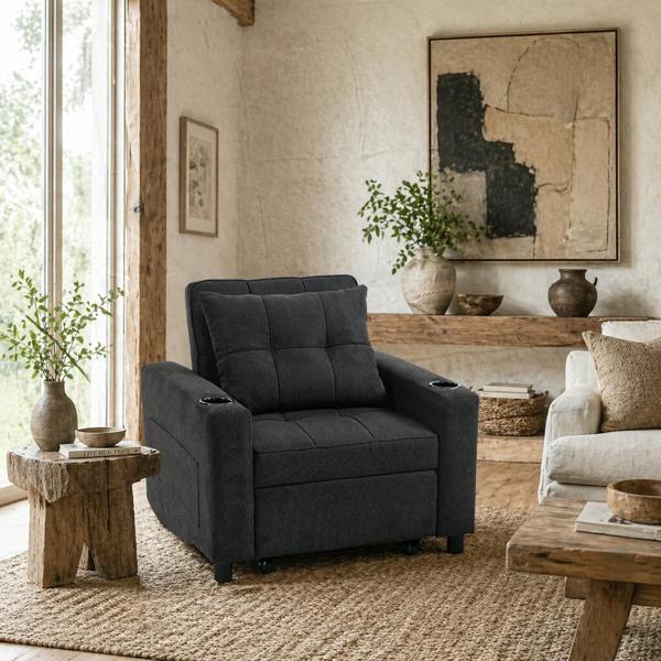 Wyld Haus Soliri Black Upholstered 3 In One Convertible Single Sofa Bed Tufted Cushion