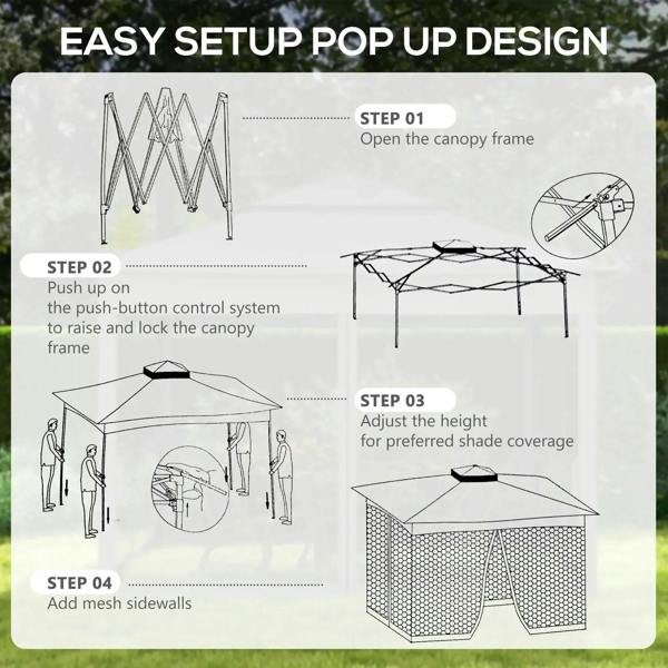 Foldable pop up gazebo frame and canopy with mesh sidewalls, assembly steps