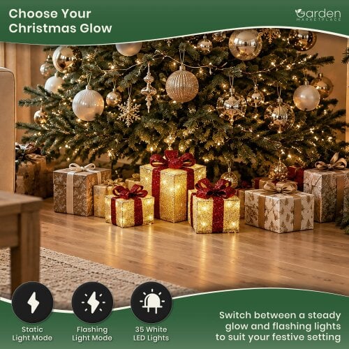 Light Up Christmas Parcels with 35 White LEDs - Set of 3, Gold and Red