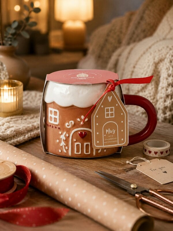 Christmas House Shaped Mug with Hot Chocolate