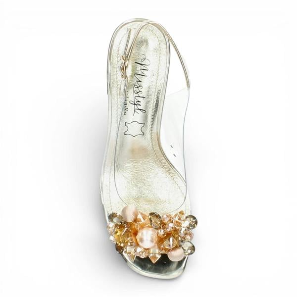 Laura Vita Women’s Clear Golden Slip-On Cinderella Block Heel Sandals - Marlene 12