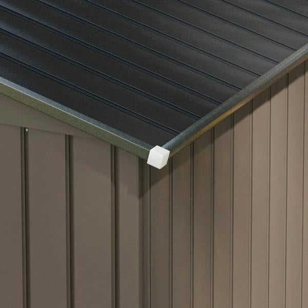 Metal garden shed corner with roof gutter edge and brown wall paneling