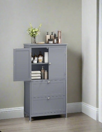 Modcraft Grey Bathroom Storage Cabinet Kitchen Cupboard with 2 Drawers, 2 Doors & Adjustable Shelf