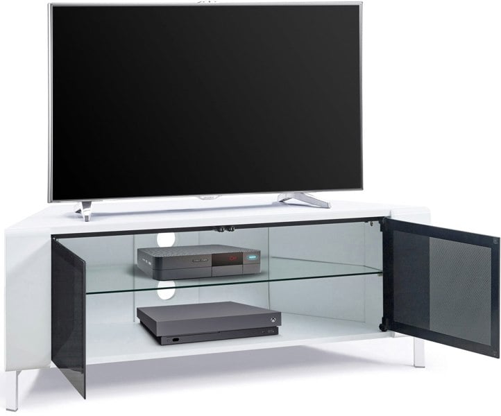MDA Designs CORVUS Corner-Friendly Gloss White Contemporary Cabinet with White Profiles Black BeamThru Glass Doors for Flat Screen TVs up to 50"