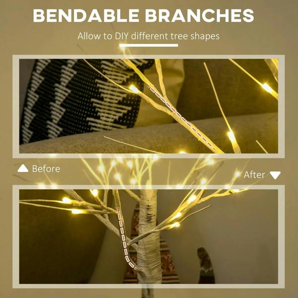 Artificial birch tree with flexible branches, shown before and after shaping with lights