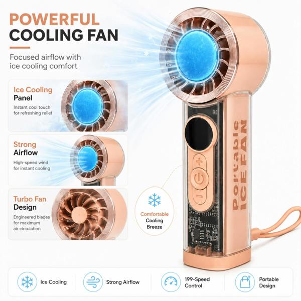 Dyzi Portable Ice Cooling Handheld Fan 199 Speed USB Rechargeable