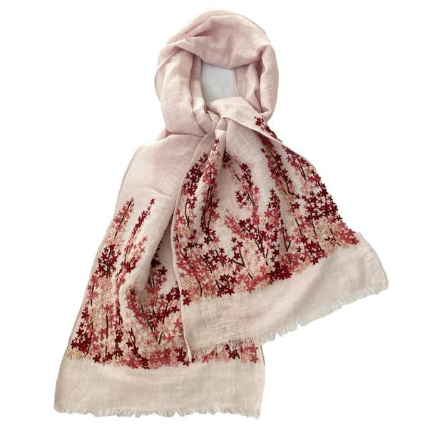 Hayley & Co Hand Embroidered 100% Linen Scarf in Light Pink Meadow Floral