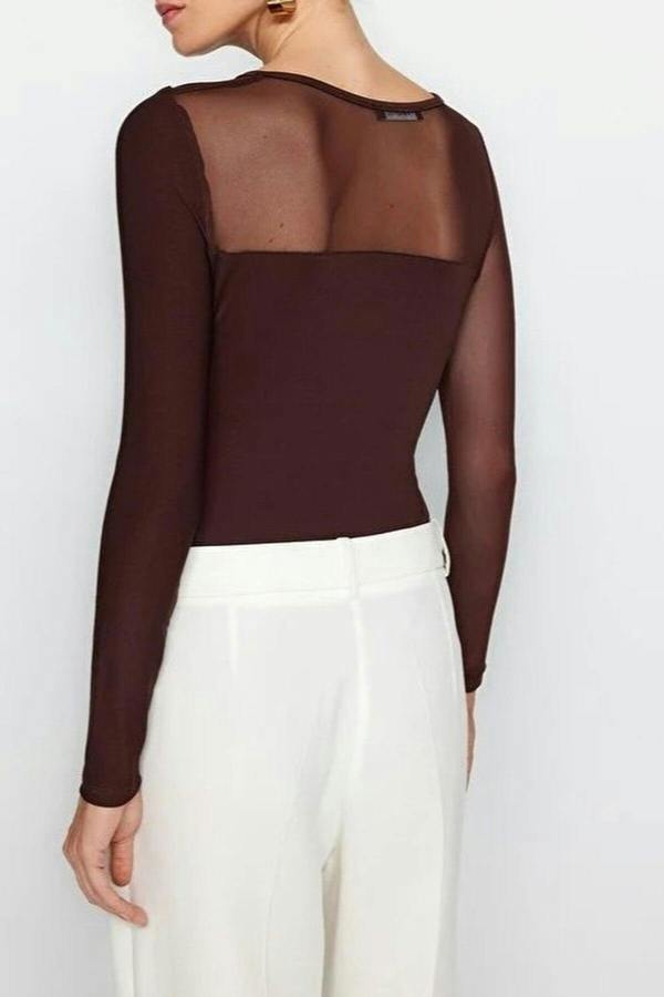 WOVCOR Stretchy Knit Bodysuit with Tulle Detail