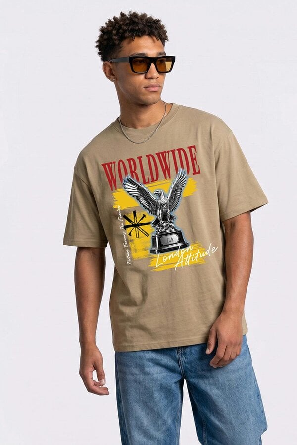 London Attitude Worldwide Eagle Oversized Heavyweight Graphic T-Shirt - Sand