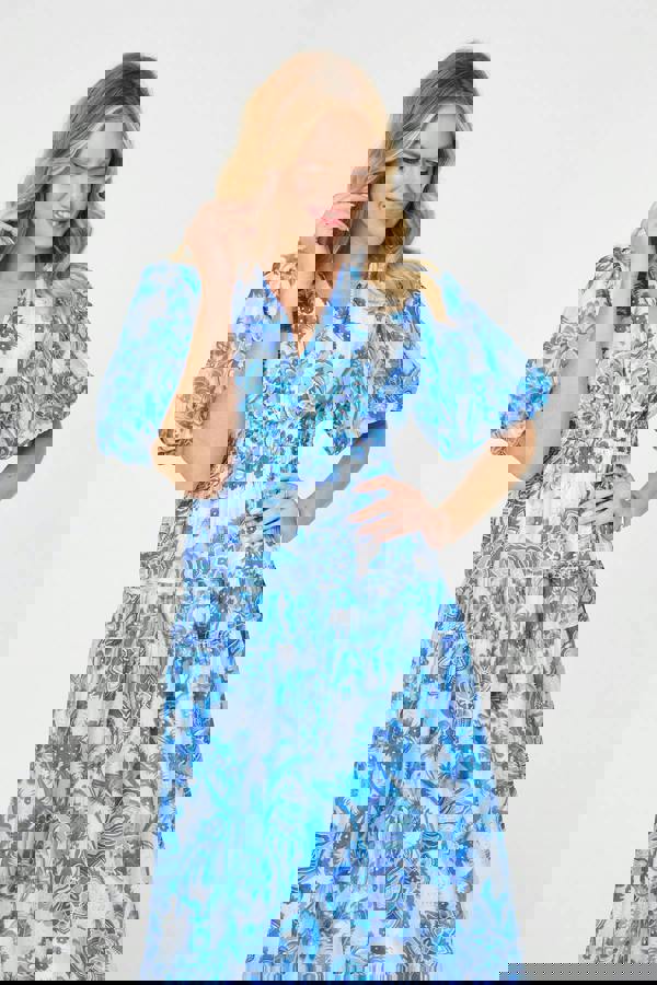 Blue | Floral Tiered Puff Sleeve Midi Dress