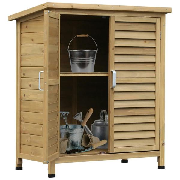 Natural wooden garden storage shed with double shutter doors and metal handles