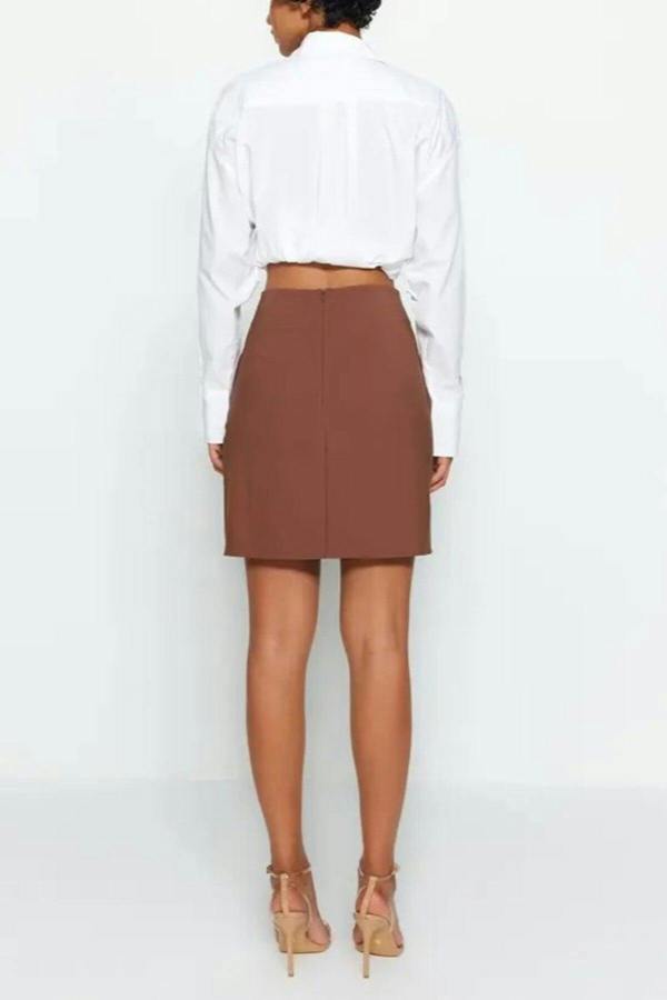 WOVCOR Double-Breasted Mini Woven Skirt with Front Gathering Detail