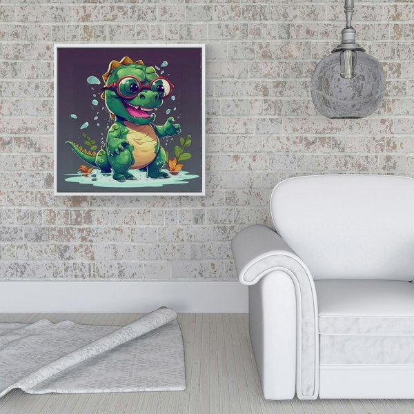 Warren Reed Happy Dino In A Puddle Framed Canvas