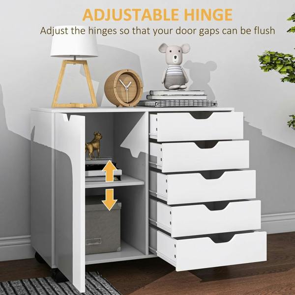 White cabinet with adjustable hinges; door open to show drawer compartments and hinge hardware