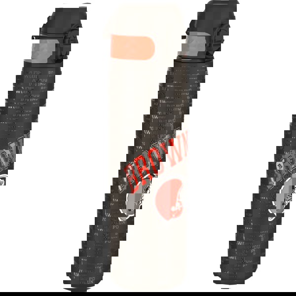 A water bottle stands against a green background. It is dark brown with orange accents, featuring repeated "Browns" and "Dawg Pound" text, and a football helmet graphic.