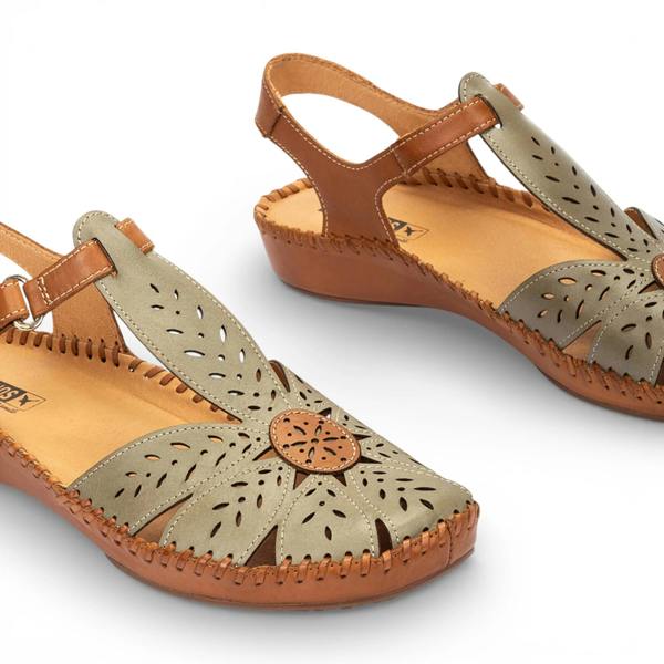 Pikolinos P-Vallarta - Women’s Tan Green Leather Wedge Sandals