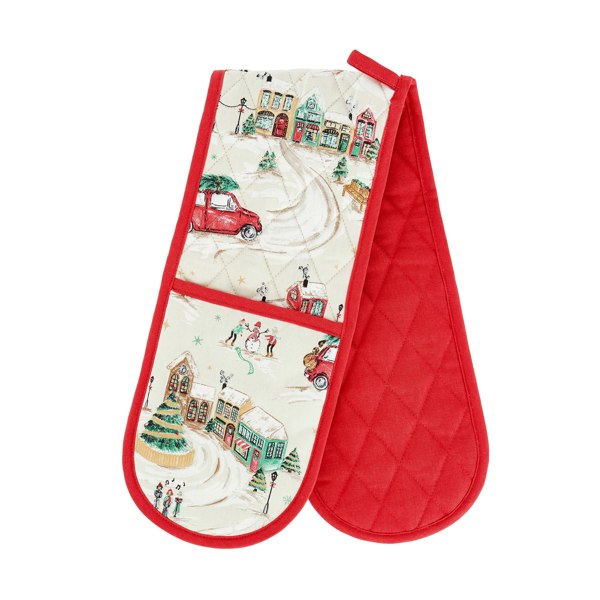 Catherine Lansfield Christmas Town Cotton Kitchen Double Oven Glove Natural