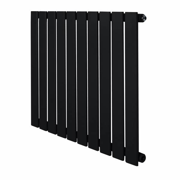 Flat single column radiator in sleek black finish, measuring 600 x 700mm, featuring a modern design with vertical slats and smooth texture