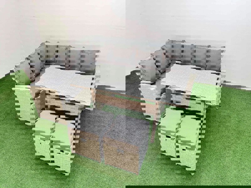 Fimous 8 Seater Rattan Garden Furniture Set Outdoor Patio Dining Corner Sofa Sets with Dining Table 2 Small Footstools Light Grey Mixed