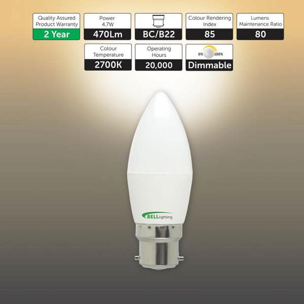 BELL Lighting Dimmable B22 LED Candle Bulbs 4.7W 470lm , Warm White 2700K , Energy Saving40W Equivalent, Bayonet Cap Bulbs