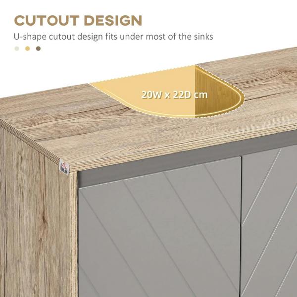 Bathroom cabinet top with U-shaped cutout opening and grey door front, oak finish