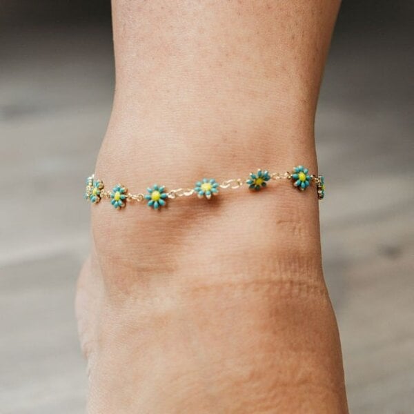 The Colourful Aura Multicolour Sun Flower Summer Indie Boho Daisy Floral Charms Payal Anklet - Turquoise