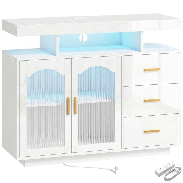High Gloss Sideboard with LED Lights, Built-in Power Outlets, 3 Drawers, Shelves and 2 Acrylic Doors, White