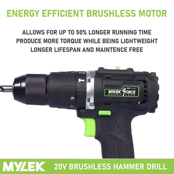 Mylek Cordless Drill 20V Brushless Driver Impact Hammer Action Combi Set with 50 Piece Accessory Set
